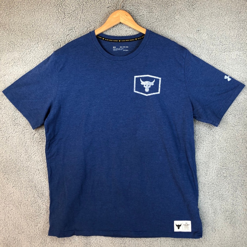 Under Armour Project Rock Iron Paradise Blue Heather Gym T-Shirt Mens 2XL Loose